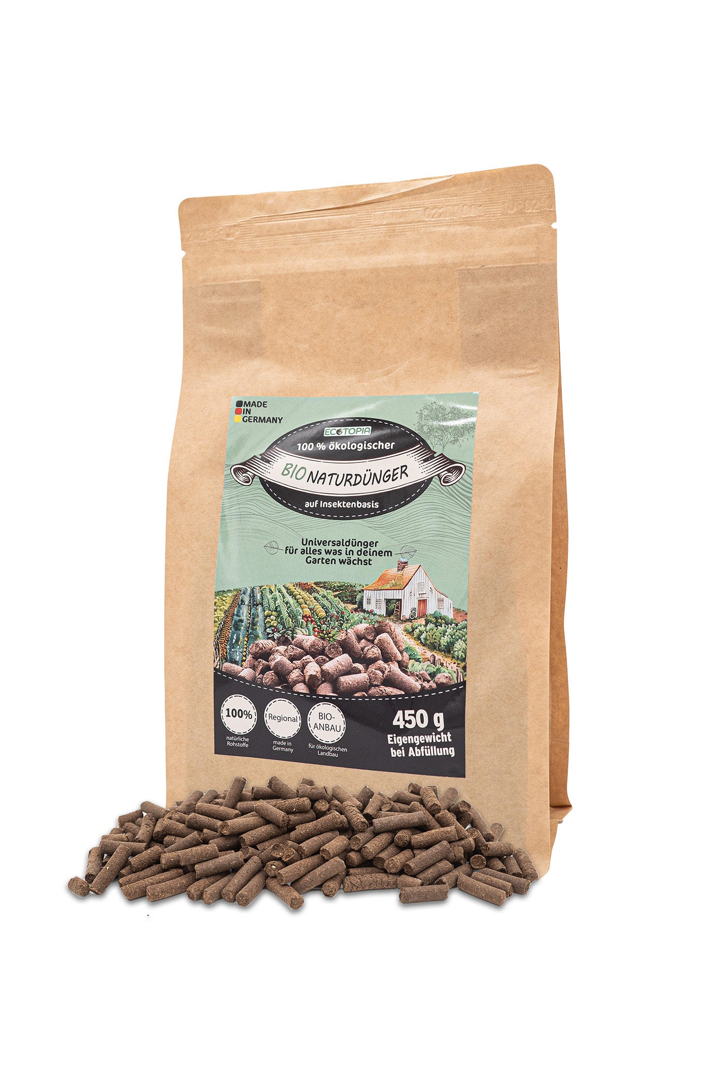 Eine Tüte Ecotopia Bio Naturdünger 450 Gramm. Davor liegt ein Haufen Düngerpellets
